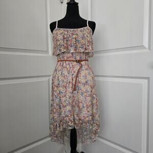 Junior's Love Reign Sheer Hi-low Floral Belted Strap Summer Spring Dress Size S
